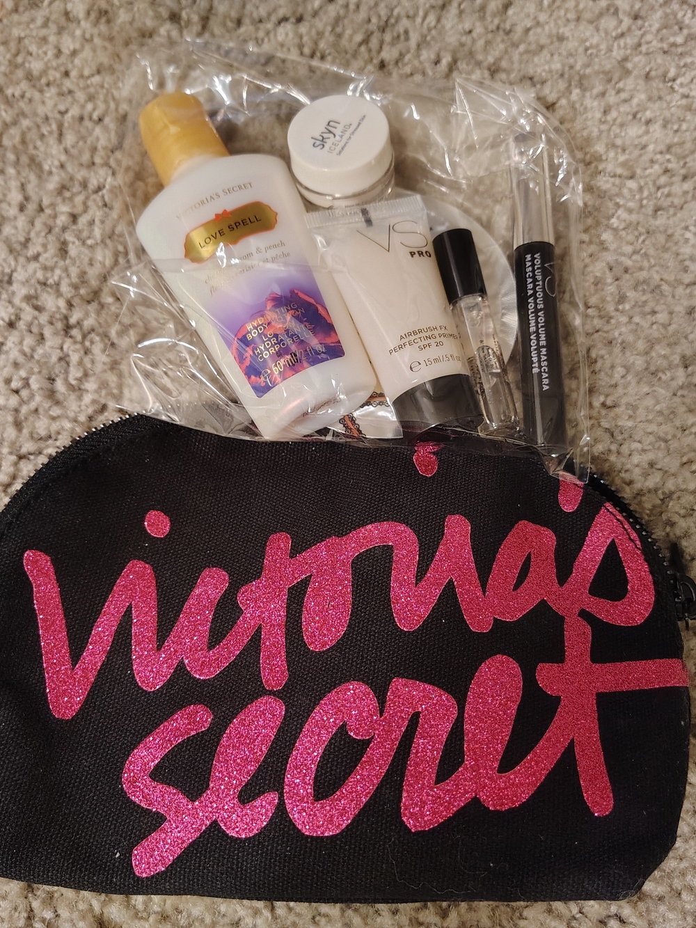 Victoria's Secret Black & Pink Glitter Cosmetic Bag with Travel Makeup Set